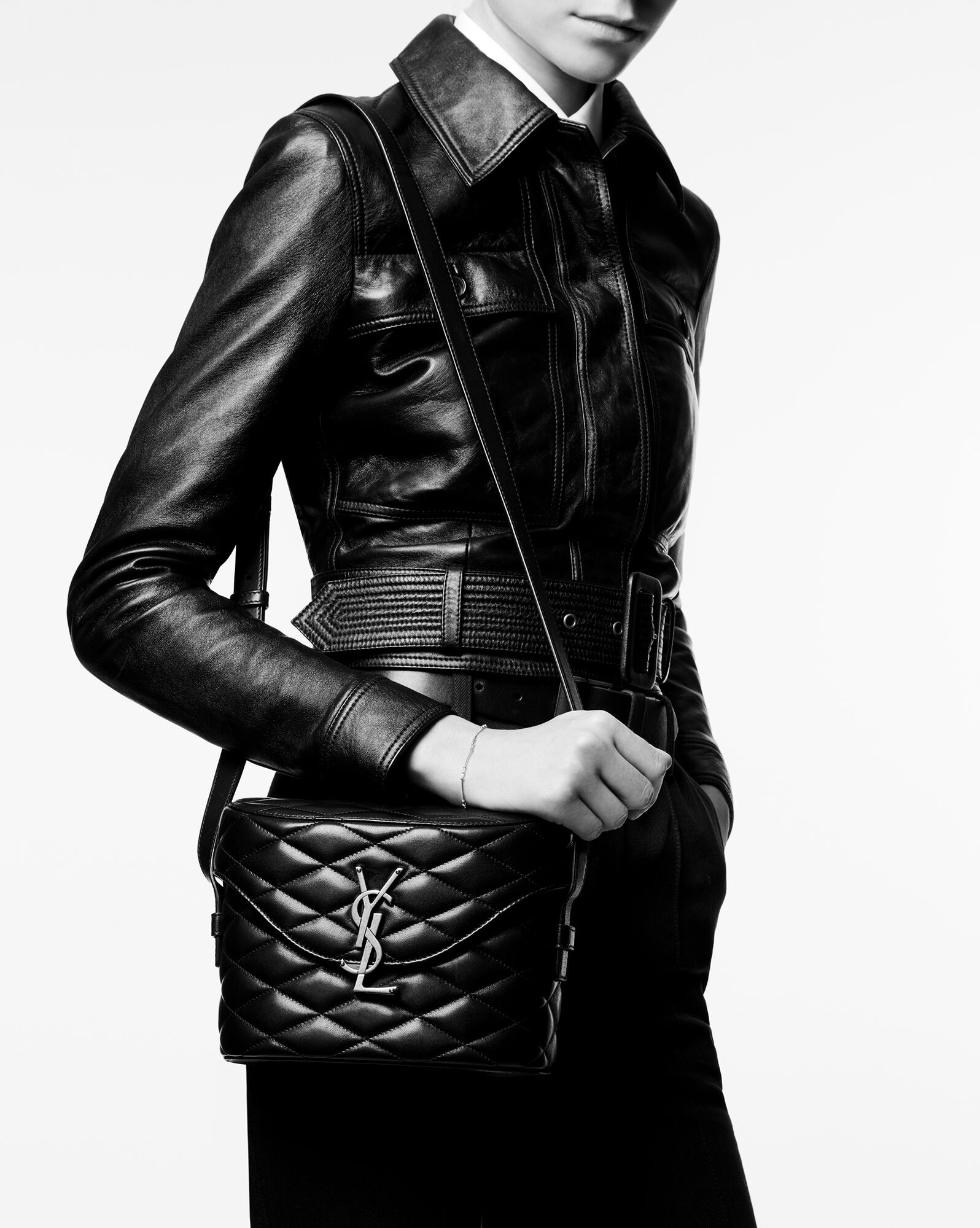 June Box Shoulder Crosssbody Bag with Flap in Black Lambskin Leather